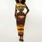 Léopold Sédar Senghor Long Sleeve Bodycon Dress Sacred Baobab Tree Design African Roots and Symbols Theme Negritude Movement - African Pride