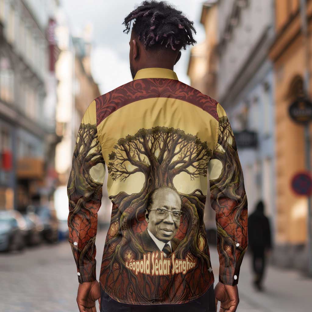 Léopold Sédar Senghor Long Sleeve Button Shirt Sacred Baobab Tree Design African Roots and Symbols Theme Negritude Movement - African Pride