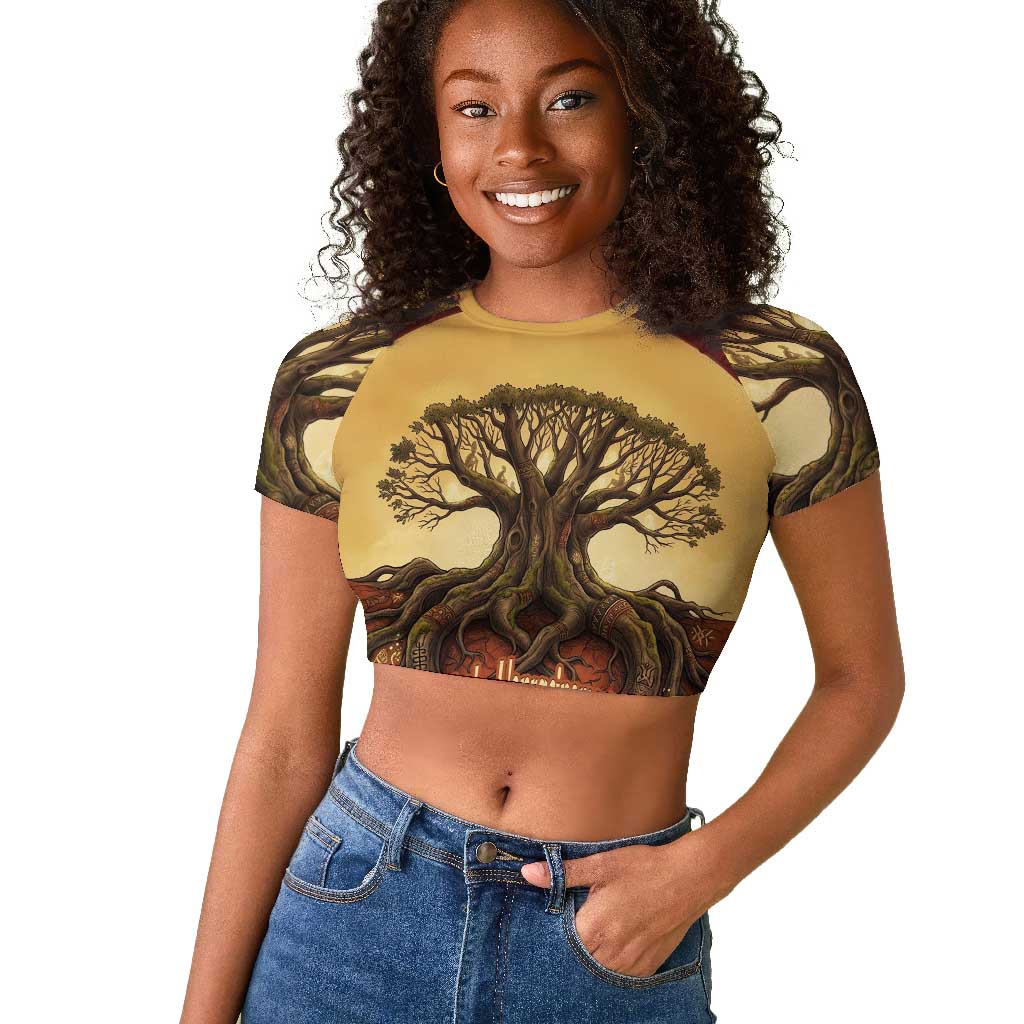 Léopold Sédar Senghor Raglan Cropped T shirt Sacred Baobab Tree Design African Roots and Symbols Theme Negritude Movement - African Pride
