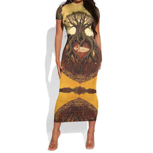 Léopold Sédar Senghor Short Sleeve Bodycon Dress Sacred Baobab Tree Design African Roots and Symbols Theme Negritude Movement - African Pride