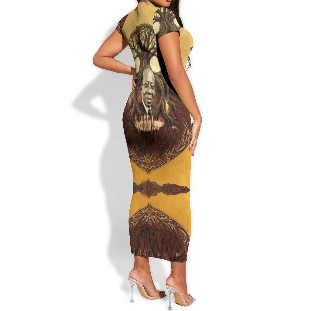 Léopold Sédar Senghor Short Sleeve Bodycon Dress Sacred Baobab Tree Design African Roots and Symbols Theme Negritude Movement - African Pride