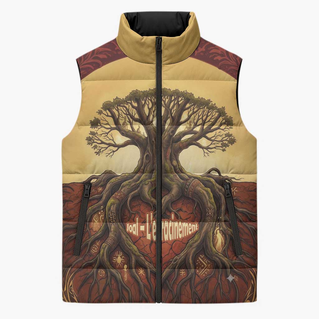 Léopold Sédar Senghor Sleeveless Puffer Jacket Sacred Baobab Tree Design African Roots and Symbols Theme Negritude Movement - African Pride