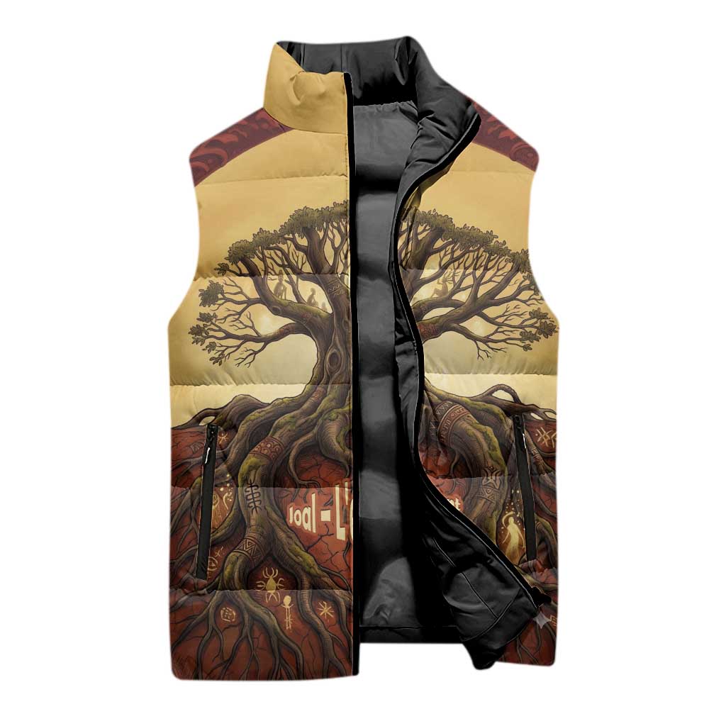 Léopold Sédar Senghor Sleeveless Puffer Jacket Sacred Baobab Tree Design African Roots and Symbols Theme Negritude Movement - African Pride