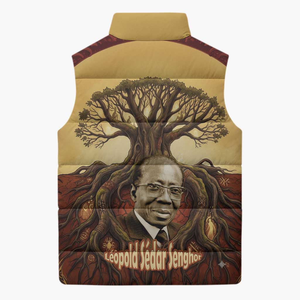 Léopold Sédar Senghor Sleeveless Puffer Jacket Sacred Baobab Tree Design African Roots and Symbols Theme Negritude Movement - African Pride