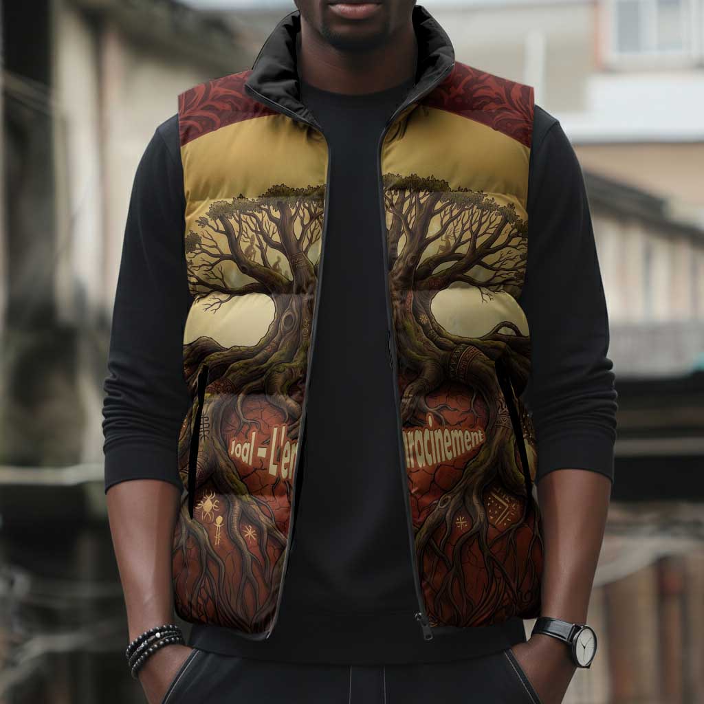 Léopold Sédar Senghor Sleeveless Puffer Jacket Sacred Baobab Tree Design African Roots and Symbols Theme Negritude Movement - African Pride