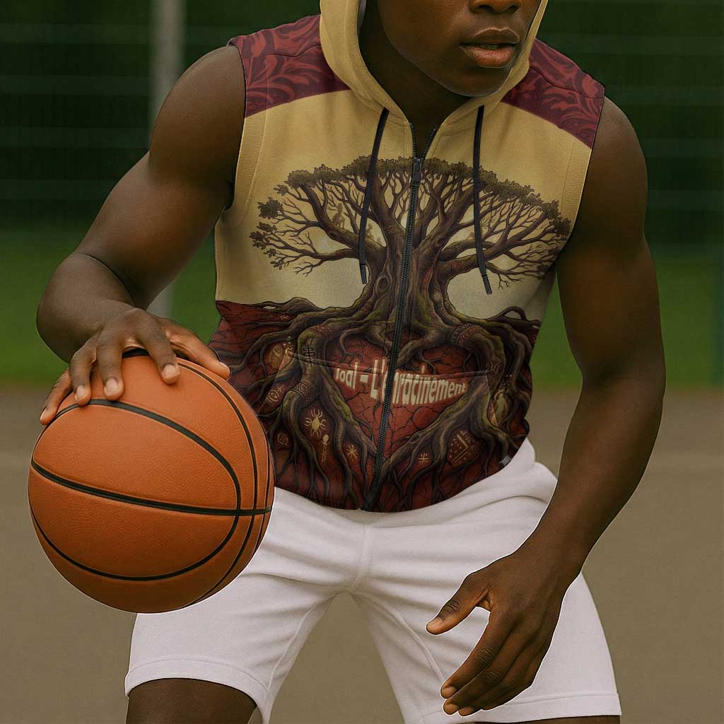 Léopold Sédar Senghor Sleeveless Zip Hoodie Sacred Baobab Tree Design African Roots and Symbols Theme Negritude Movement - African Pride