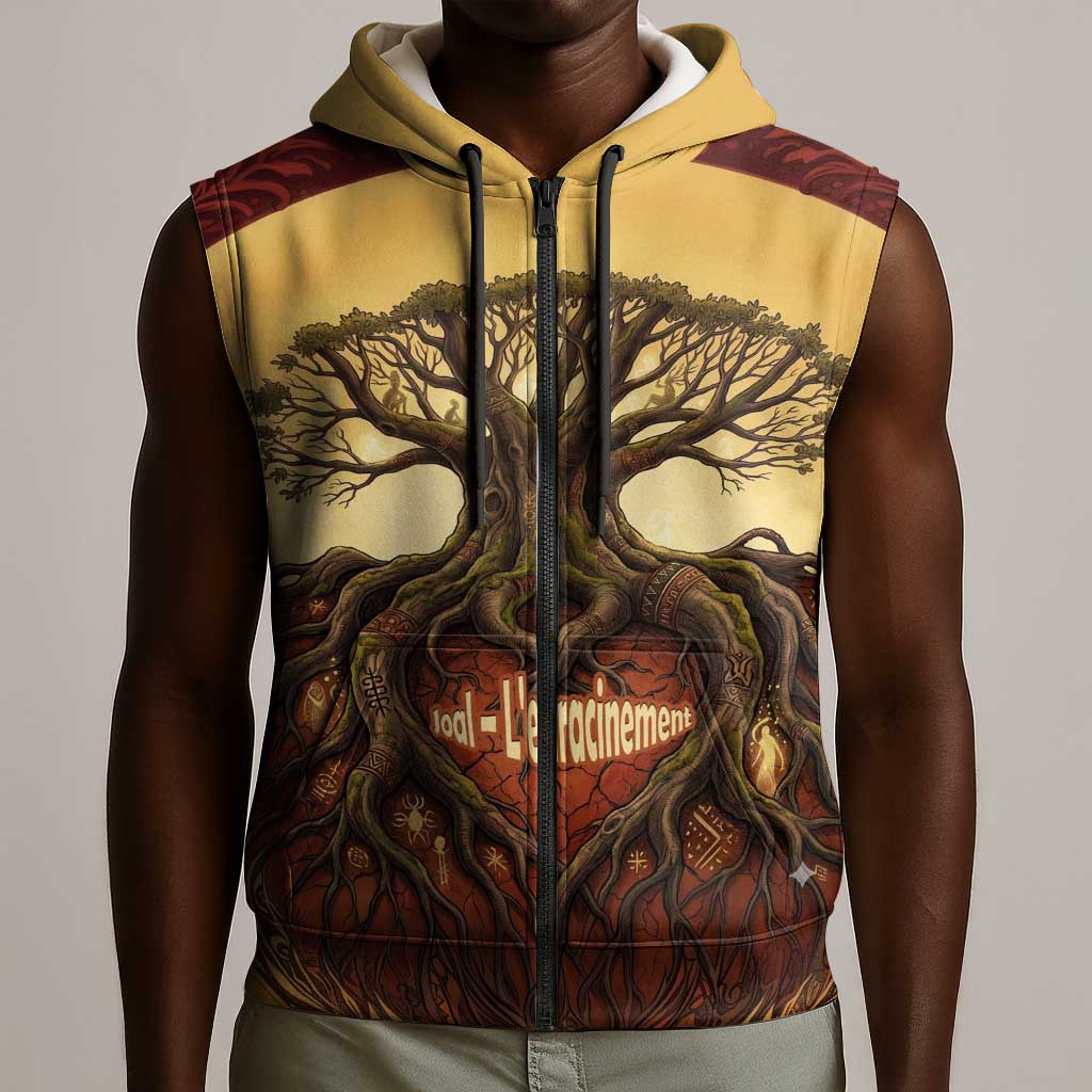 Léopold Sédar Senghor Sleeveless Zip Hoodie Sacred Baobab Tree Design African Roots and Symbols Theme Negritude Movement - African Pride
