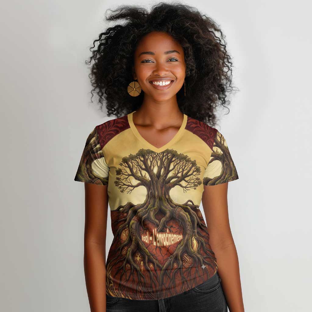 Léopold Sédar Senghor Women V-Neck T-Shirt Sacred Baobab Tree Design African Roots and Symbols Theme Negritude Movement - African Pride