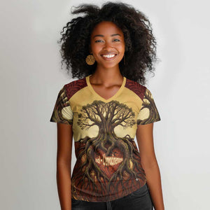 Léopold Sédar Senghor Women V-Neck T-Shirt Sacred Baobab Tree Design African Roots and Symbols Theme Negritude Movement - African Pride