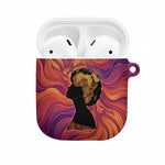 Léopold Sédar Senghor AirPods Case Femme Noire Silhouette with Africa Map Pattern Vibrant Swirl Background - African Pride