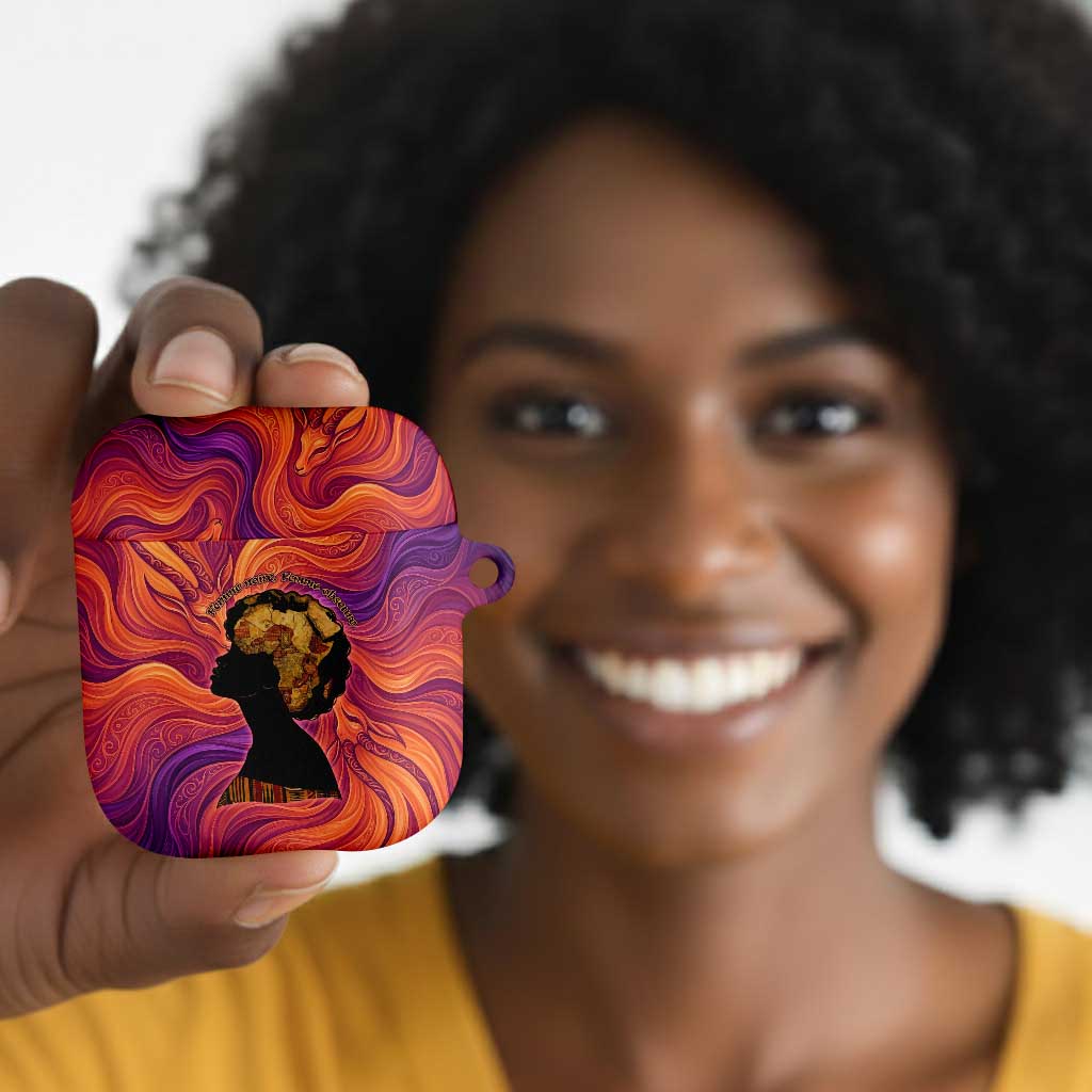 Léopold Sédar Senghor AirPods Case Femme Noire Silhouette with Africa Map Pattern Vibrant Swirl Background - African Pride