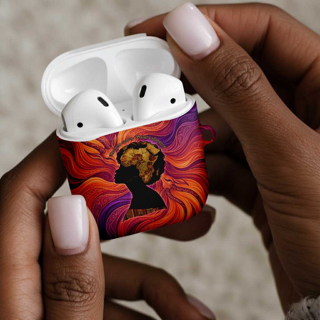 Léopold Sédar Senghor AirPods Case Femme Noire Silhouette with Africa Map Pattern Vibrant Swirl Background - African Pride