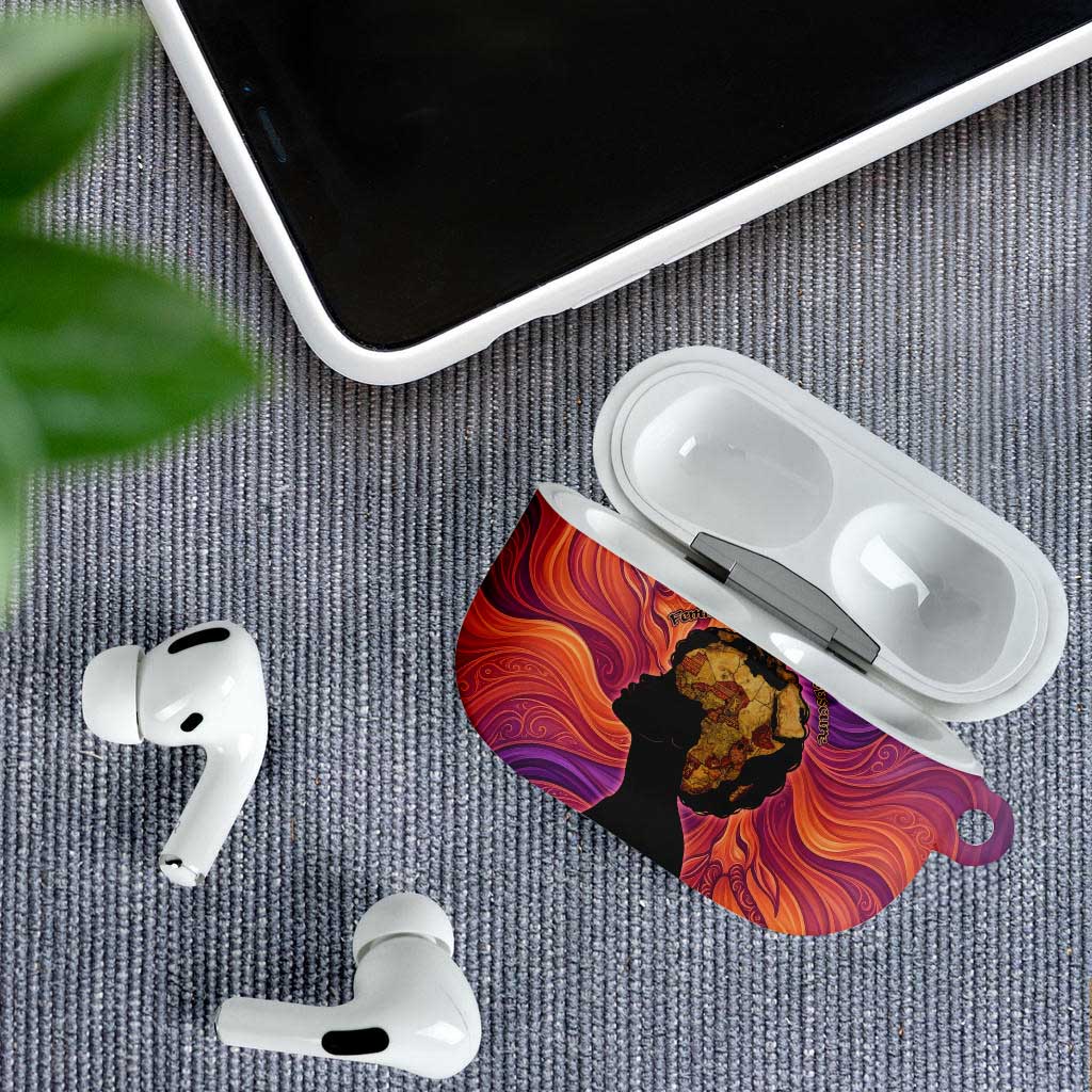 Léopold Sédar Senghor AirPods Case Femme Noire Silhouette with Africa Map Pattern Vibrant Swirl Background - African Pride