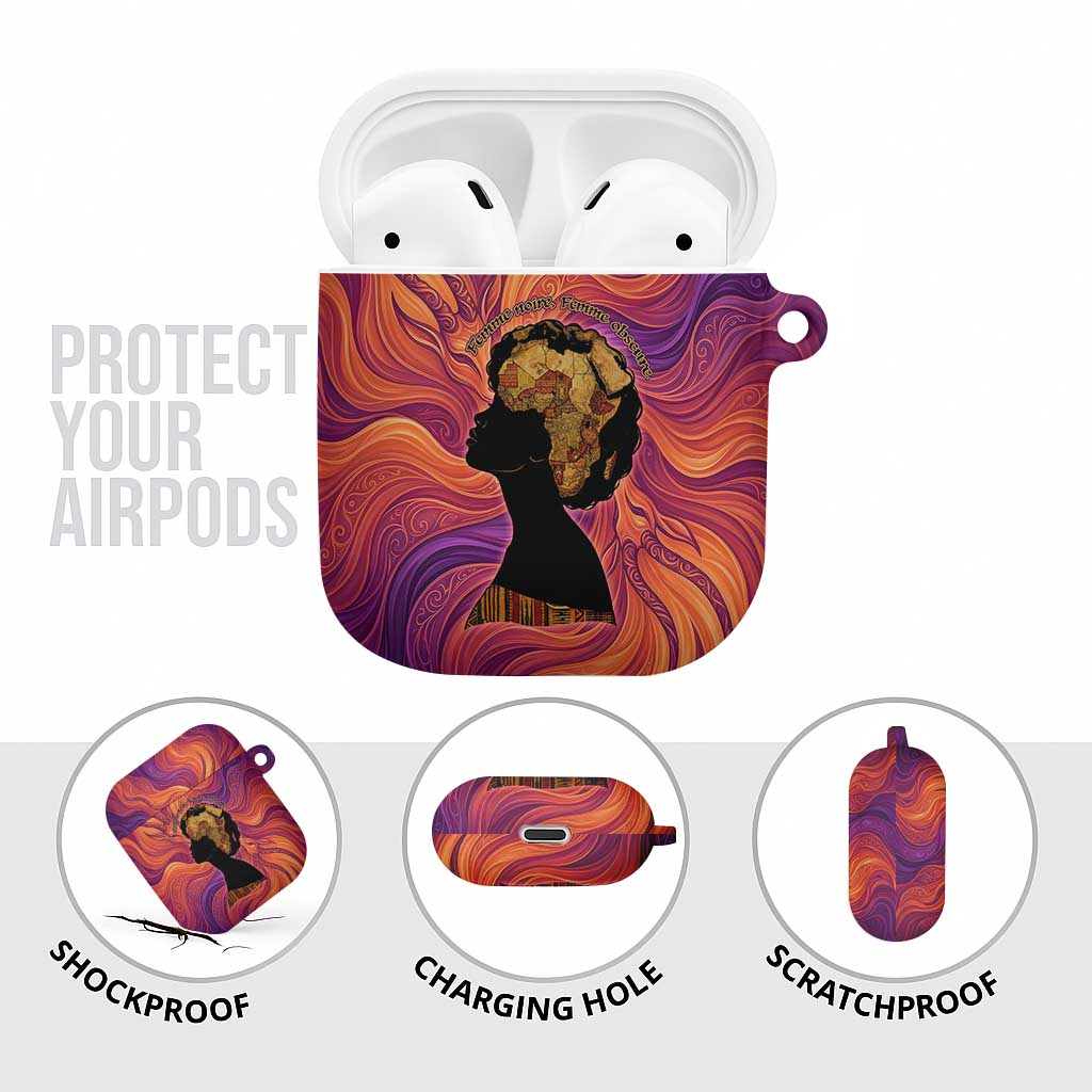 Léopold Sédar Senghor AirPods Case Femme Noire Silhouette with Africa Map Pattern Vibrant Swirl Background - African Pride