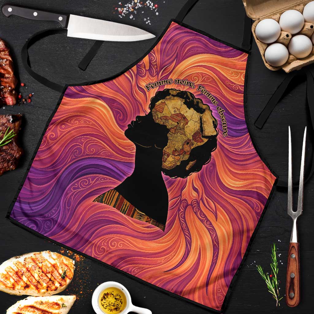 Léopold Sédar Senghor Apron Femme Noire Silhouette with Africa Map Pattern Vibrant Swirl Background - African Pride