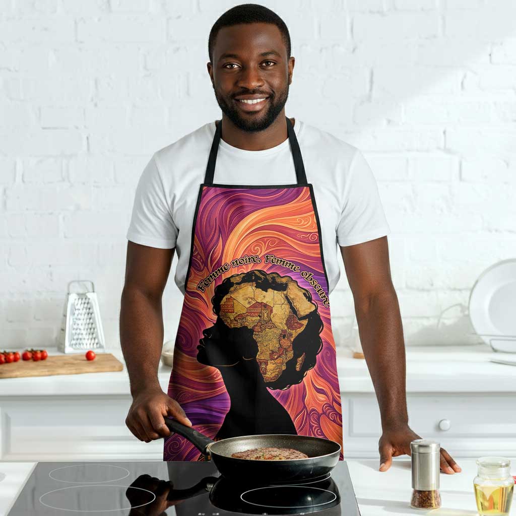 Léopold Sédar Senghor Apron Femme Noire Silhouette with Africa Map Pattern Vibrant Swirl Background - African Pride