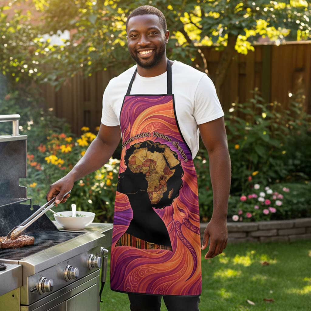 Léopold Sédar Senghor Apron Femme Noire Silhouette with Africa Map Pattern Vibrant Swirl Background - African Pride