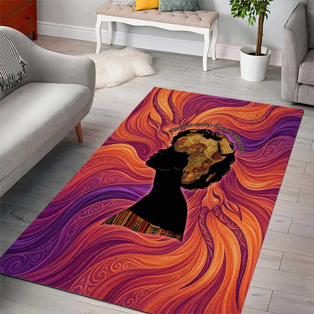 Léopold Sédar Senghor Area Rug Femme Noire Silhouette with Africa Map Pattern Vibrant Swirl Background - African Pride