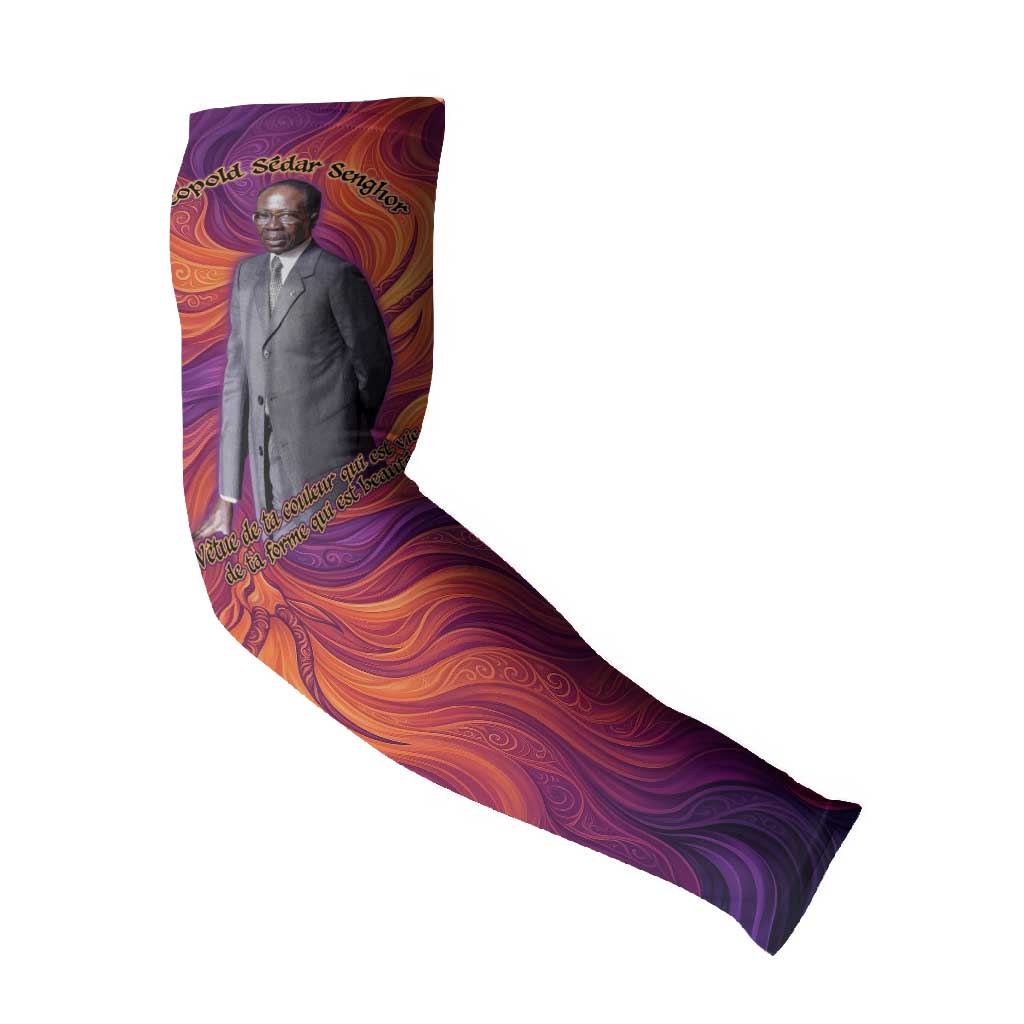 Léopold Sédar Senghor Arm Sleeves Femme Noire Silhouette with Africa Map Pattern Vibrant Swirl Background - African Pride