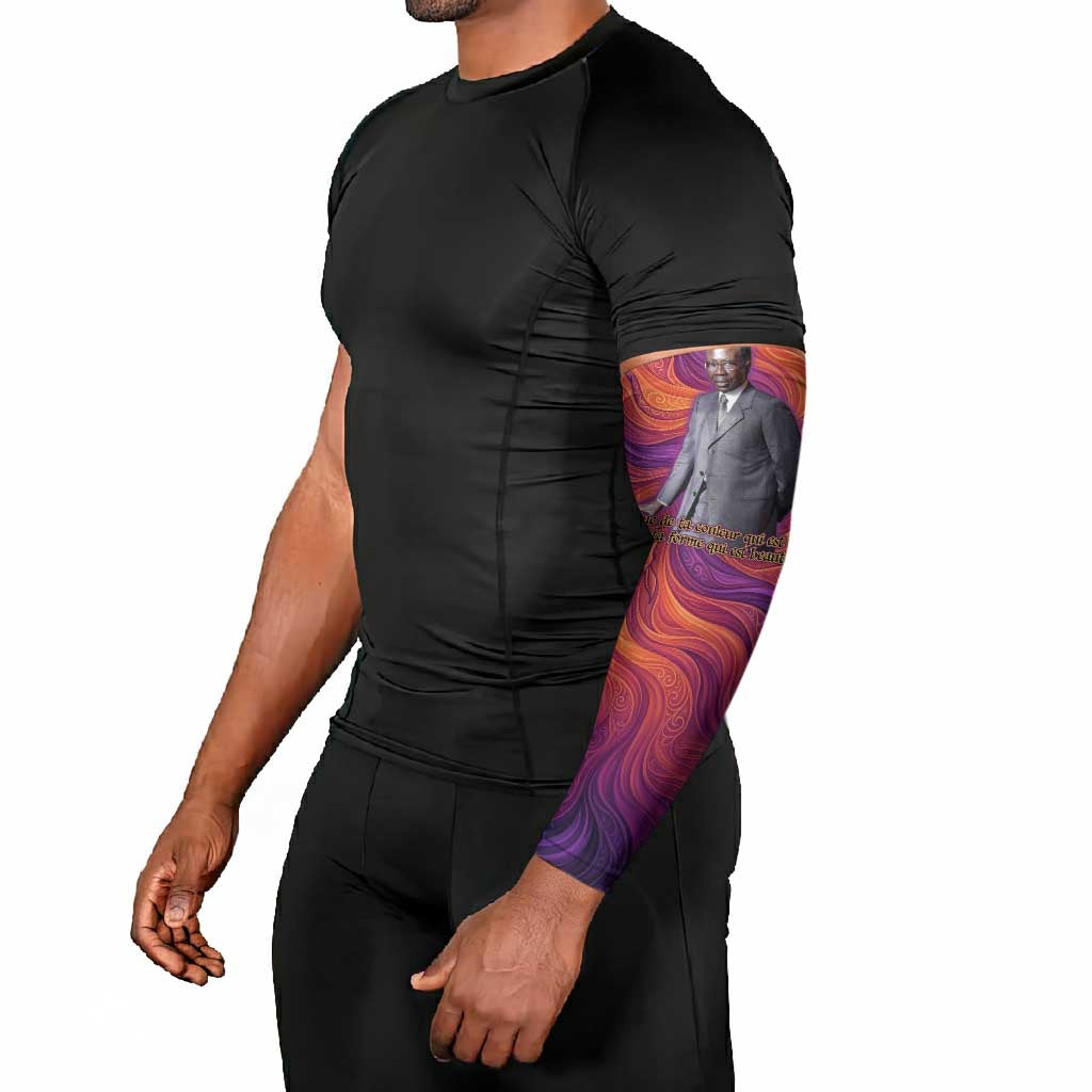 Léopold Sédar Senghor Arm Sleeves Femme Noire Silhouette with Africa Map Pattern Vibrant Swirl Background - African Pride