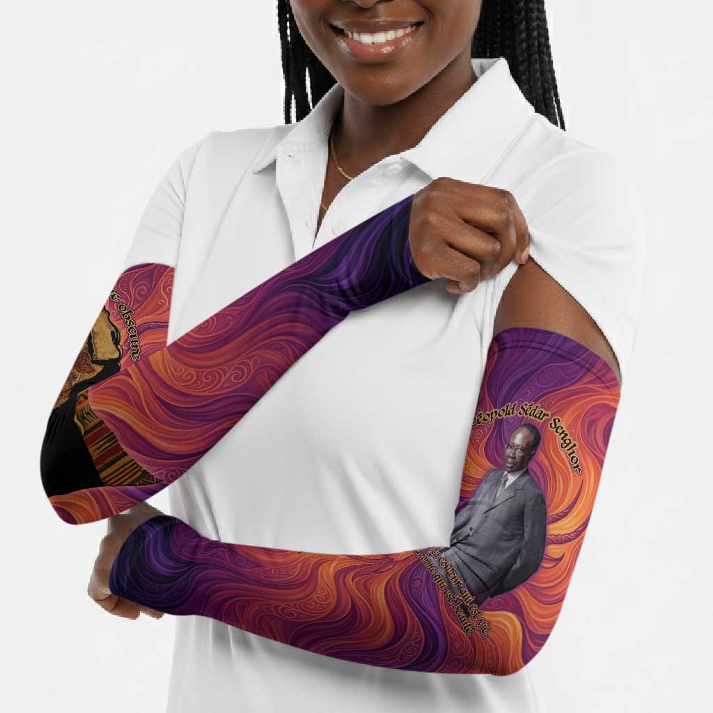 Léopold Sédar Senghor Arm Sleeves Femme Noire Silhouette with Africa Map Pattern Vibrant Swirl Background - African Pride