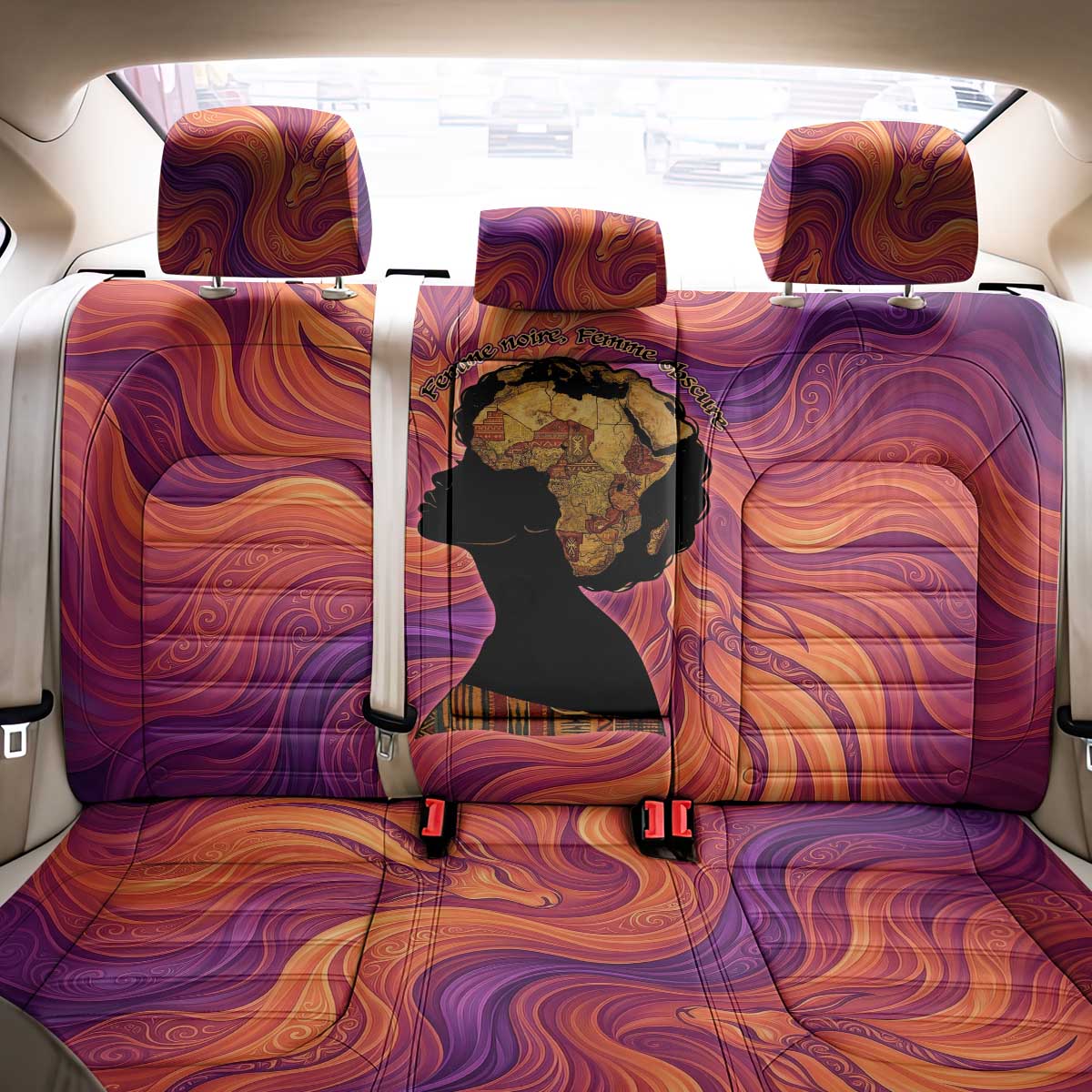 Léopold Sédar Senghor Back Car Seat Cover Femme Noire Silhouette with Africa Map Pattern Vibrant Swirl Background - African Pride