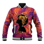 Léopold Sédar Senghor Baseball Jacket Femme Noire Silhouette with Africa Map Pattern Vibrant Swirl Background - African Pride