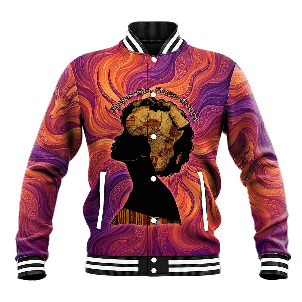 Léopold Sédar Senghor Baseball Jacket Femme Noire Silhouette with Africa Map Pattern Vibrant Swirl Background - African Pride