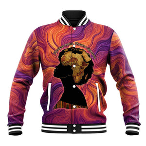 Léopold Sédar Senghor Baseball Jacket Femme Noire Silhouette with Africa Map Pattern Vibrant Swirl Background - African Pride