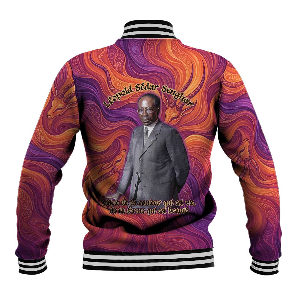 Léopold Sédar Senghor Baseball Jacket Femme Noire Silhouette with Africa Map Pattern Vibrant Swirl Background - African Pride