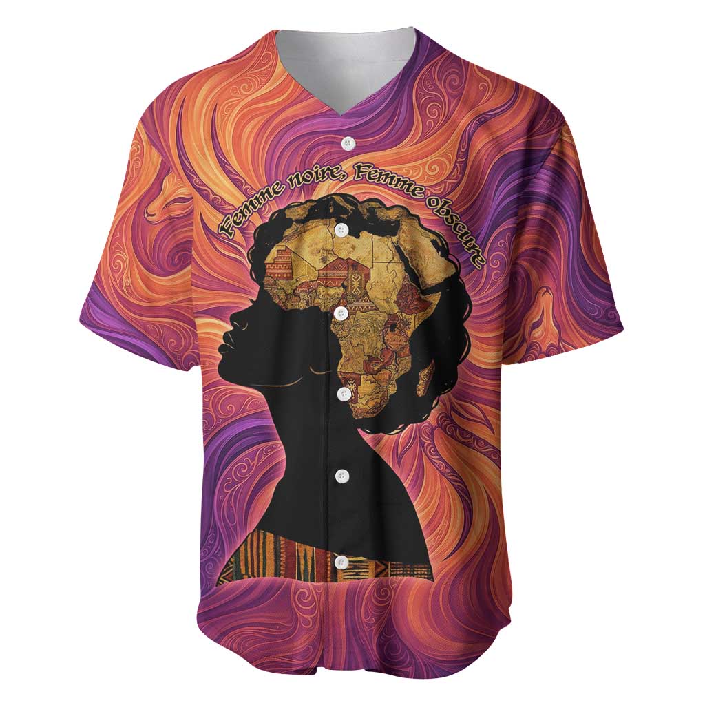 Léopold Sédar Senghor Baseball Jersey Femme Noire Silhouette with Africa Map Pattern Vibrant Swirl Background - African Pride