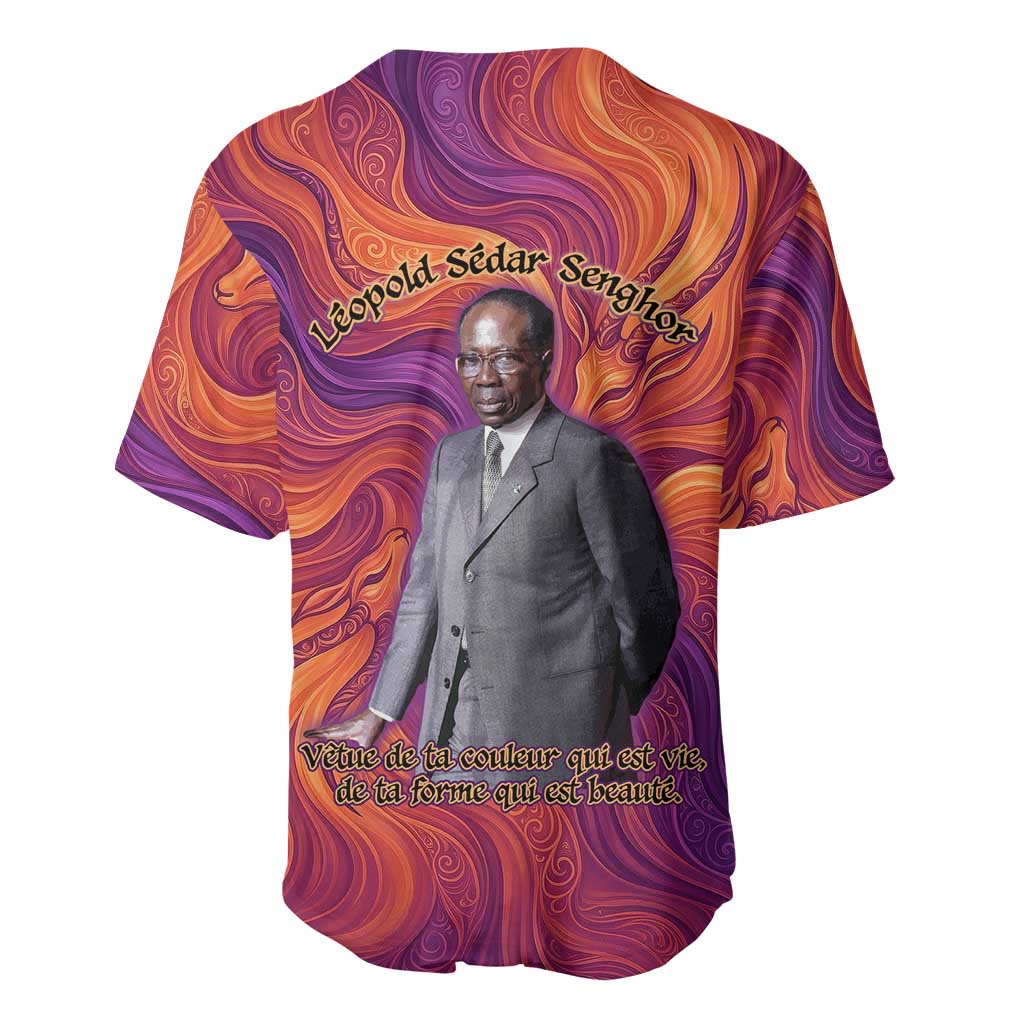 Léopold Sédar Senghor Baseball Jersey Femme Noire Silhouette with Africa Map Pattern Vibrant Swirl Background - African Pride