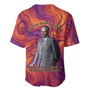 Léopold Sédar Senghor Baseball Jersey Femme Noire Silhouette with Africa Map Pattern Vibrant Swirl Background - African Pride
