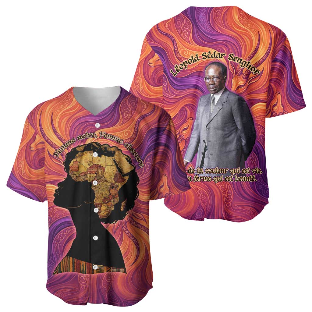 Léopold Sédar Senghor Baseball Jersey Femme Noire Silhouette with Africa Map Pattern Vibrant Swirl Background - African Pride