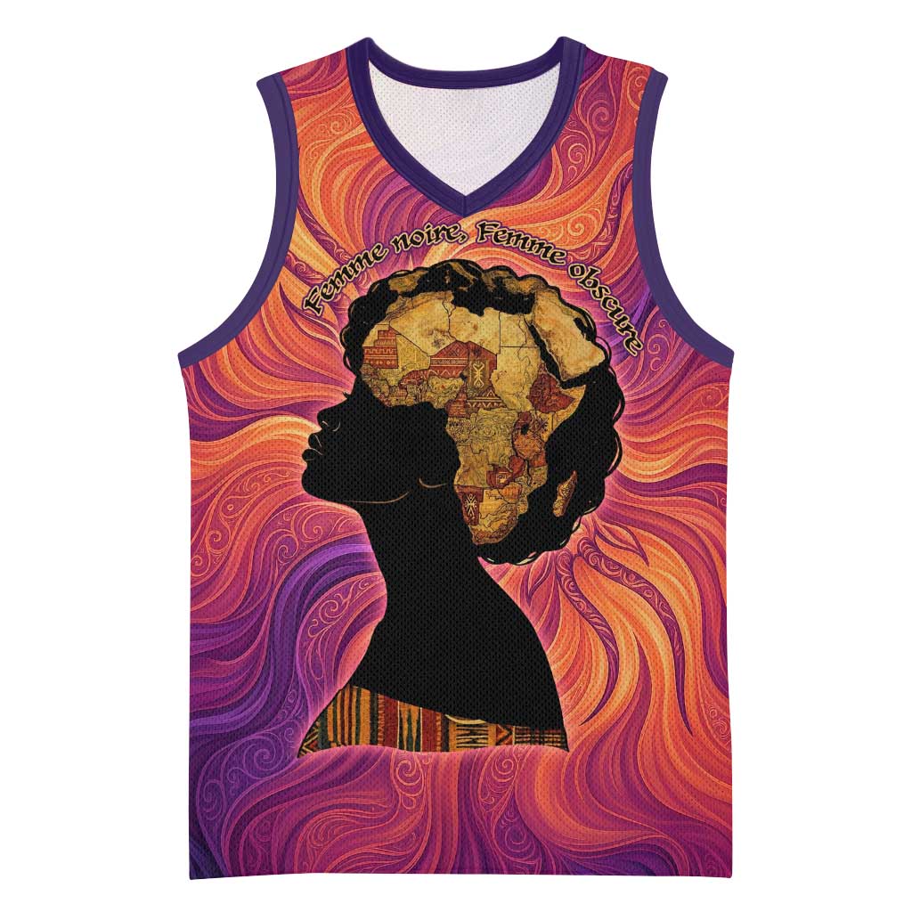 Léopold Sédar Senghor Basketball Jersey Femme Noire Silhouette with Africa Map Pattern Vibrant Swirl Background - African Pride