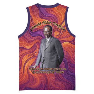 Léopold Sédar Senghor Basketball Jersey Femme Noire Silhouette with Africa Map Pattern Vibrant Swirl Background - African Pride