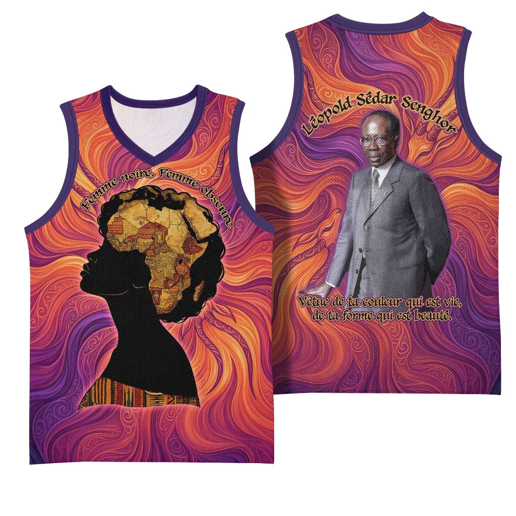 Léopold Sédar Senghor Basketball Jersey Femme Noire Silhouette with Africa Map Pattern Vibrant Swirl Background - African Pride