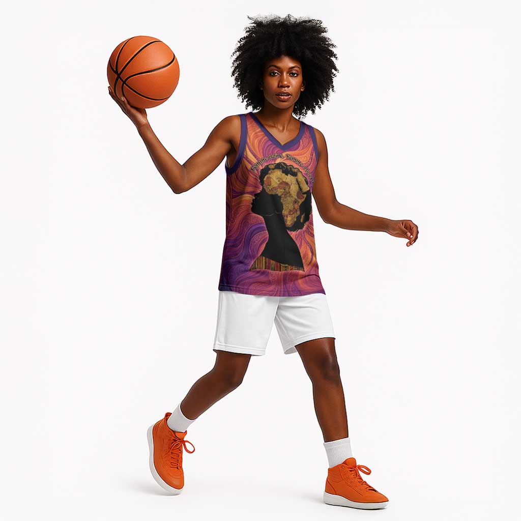 Léopold Sédar Senghor Basketball Jersey Femme Noire Silhouette with Africa Map Pattern Vibrant Swirl Background - African Pride