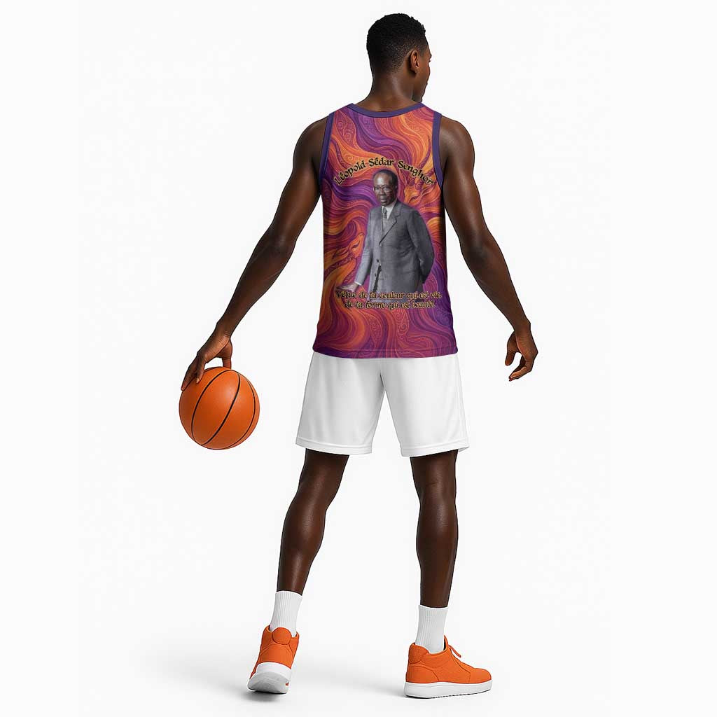Léopold Sédar Senghor Basketball Jersey Femme Noire Silhouette with Africa Map Pattern Vibrant Swirl Background - African Pride