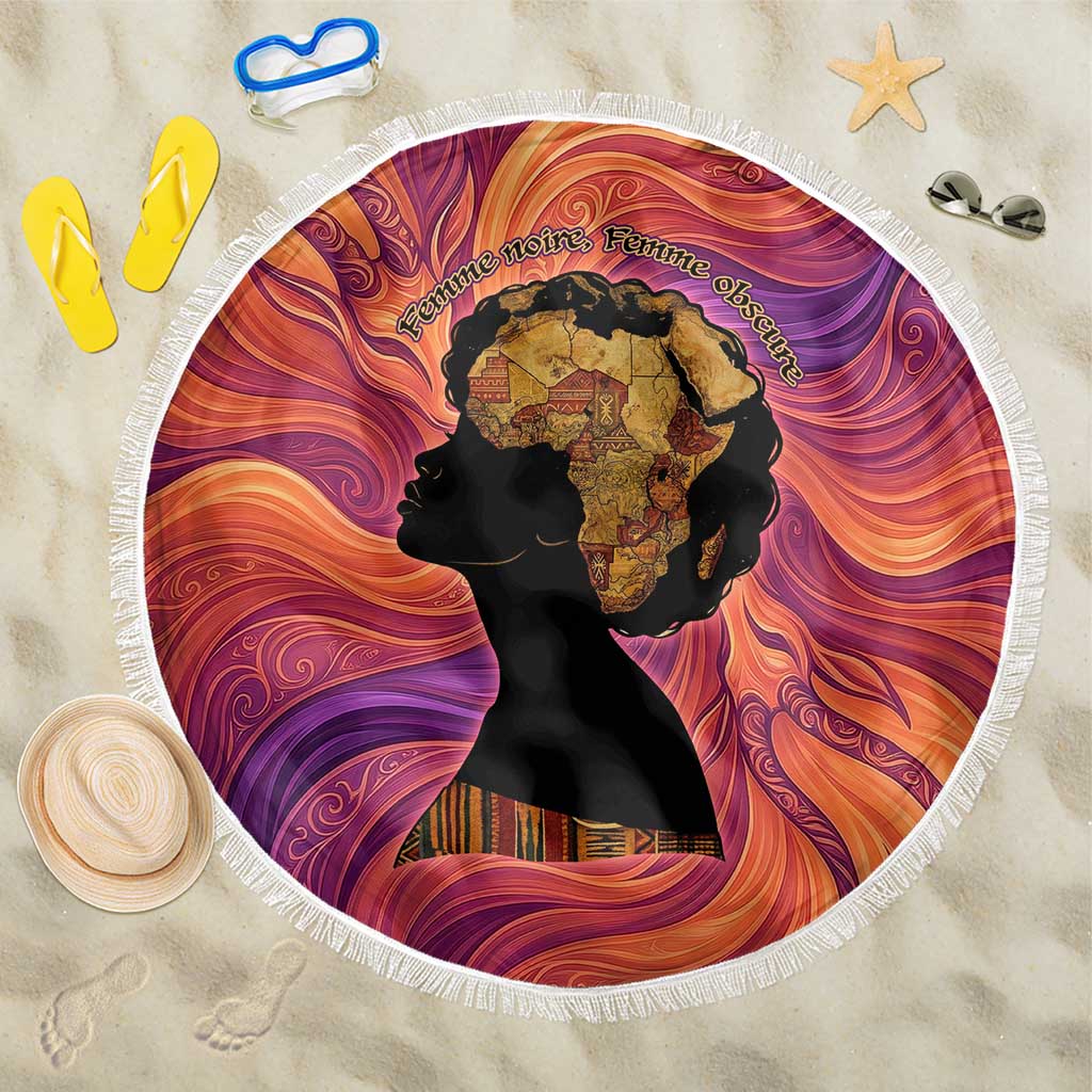 Léopold Sédar Senghor Beach Blanket Femme Noire Silhouette with Africa Map Pattern Vibrant Swirl Background - African Pride
