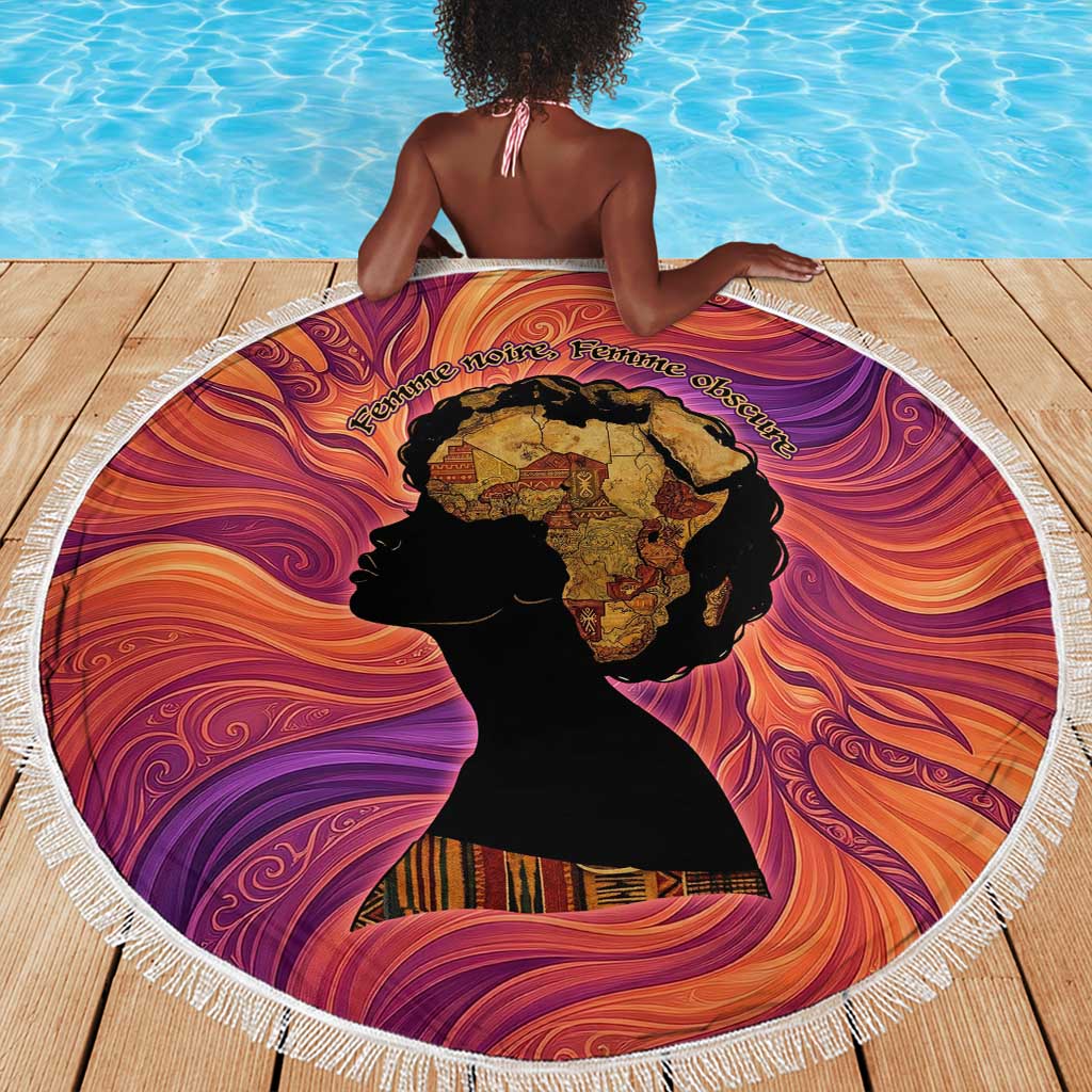 Léopold Sédar Senghor Beach Blanket Femme Noire Silhouette with Africa Map Pattern Vibrant Swirl Background - African Pride
