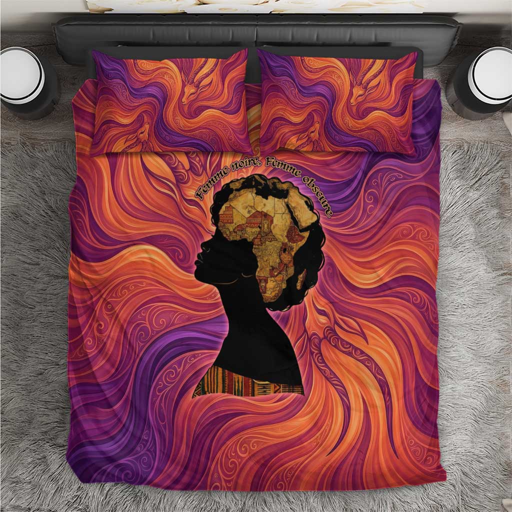 Léopold Sédar Senghor Bedding Set Femme Noire Silhouette with Africa Map Pattern Vibrant Swirl Background - African Pride