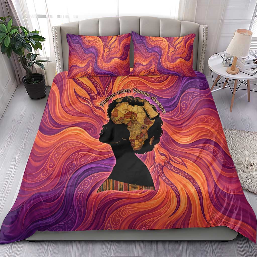 Léopold Sédar Senghor Bedding Set Femme Noire Silhouette with Africa Map Pattern Vibrant Swirl Background - African Pride