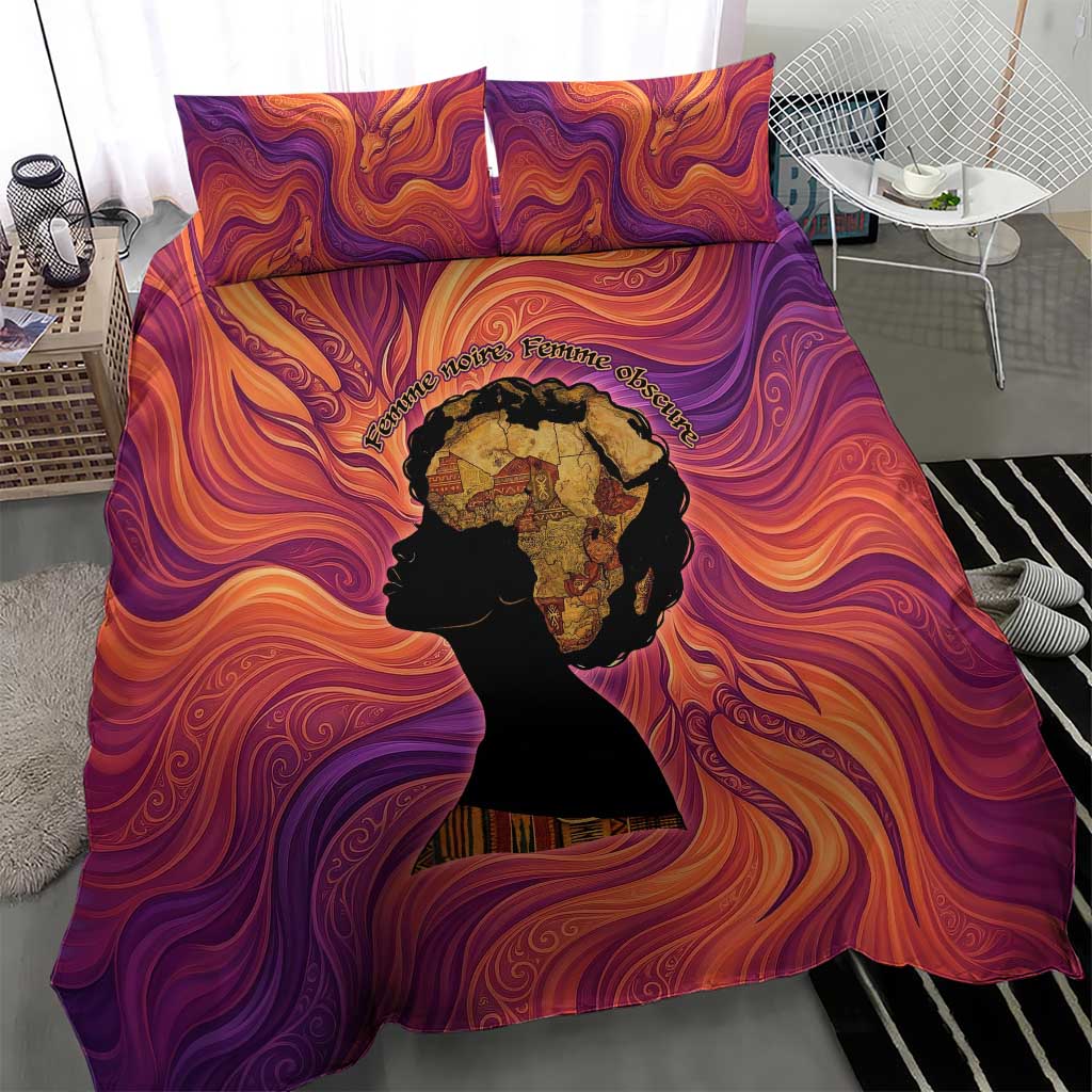 Léopold Sédar Senghor Bedding Set Femme Noire Silhouette with Africa Map Pattern Vibrant Swirl Background - African Pride