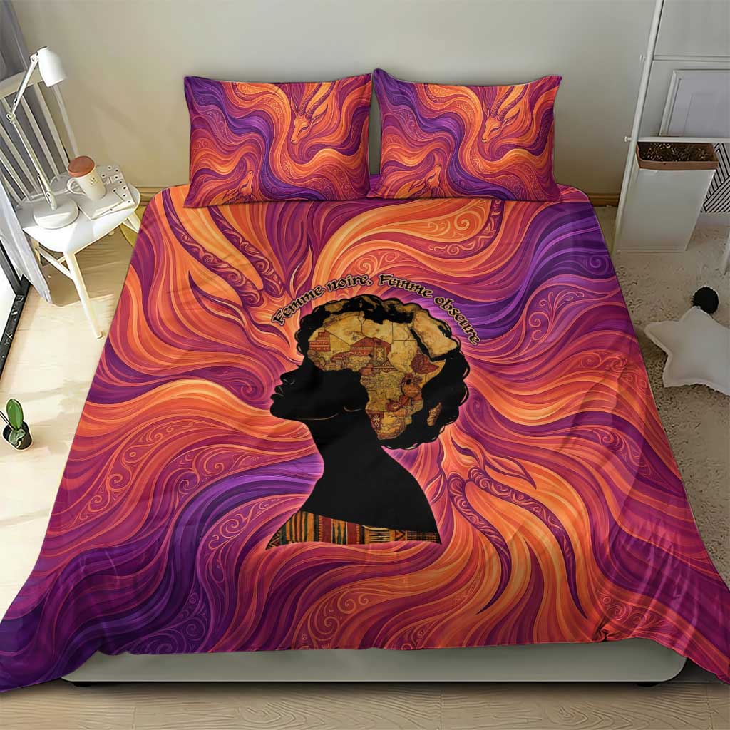Léopold Sédar Senghor Bedding Set Femme Noire Silhouette with Africa Map Pattern Vibrant Swirl Background - African Pride