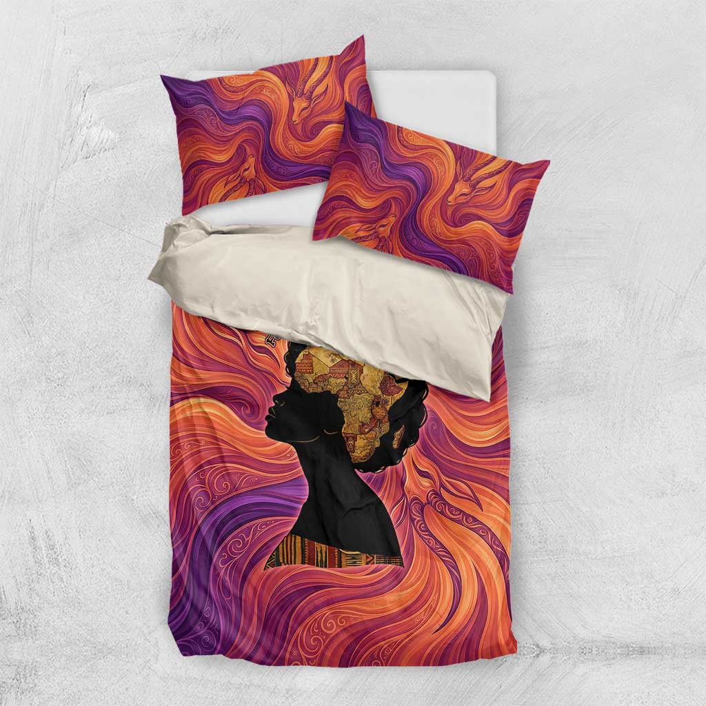 Léopold Sédar Senghor Bedding Set Femme Noire Silhouette with Africa Map Pattern Vibrant Swirl Background - African Pride