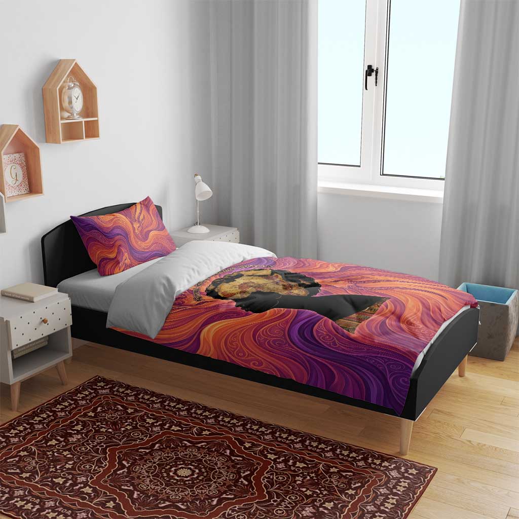 Léopold Sédar Senghor Bedding Set Femme Noire Silhouette with Africa Map Pattern Vibrant Swirl Background - African Pride