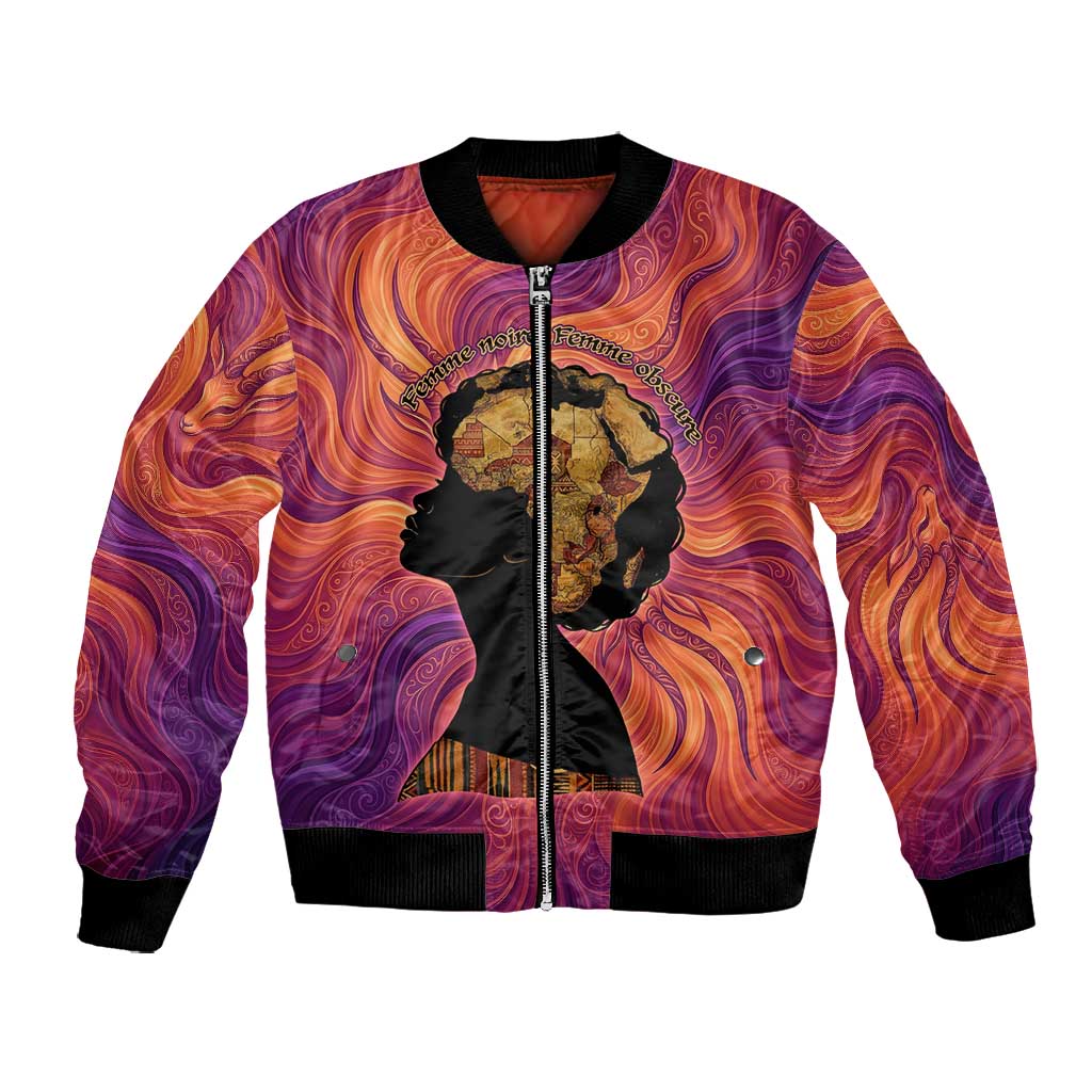 Léopold Sédar Senghor Bomber Jacket Femme Noire Silhouette with Africa Map Pattern Vibrant Swirl Background - African Pride