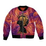 Léopold Sédar Senghor Bomber Jacket Femme Noire Silhouette with Africa Map Pattern Vibrant Swirl Background - African Pride