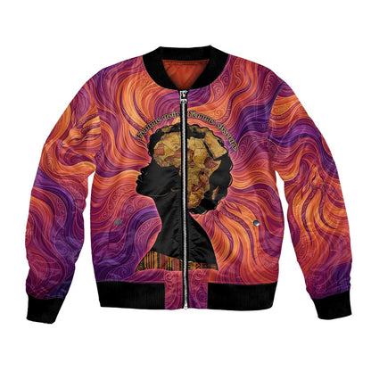 Léopold Sédar Senghor Bomber Jacket Femme Noire Silhouette with Africa Map Pattern Vibrant Swirl Background - African Pride